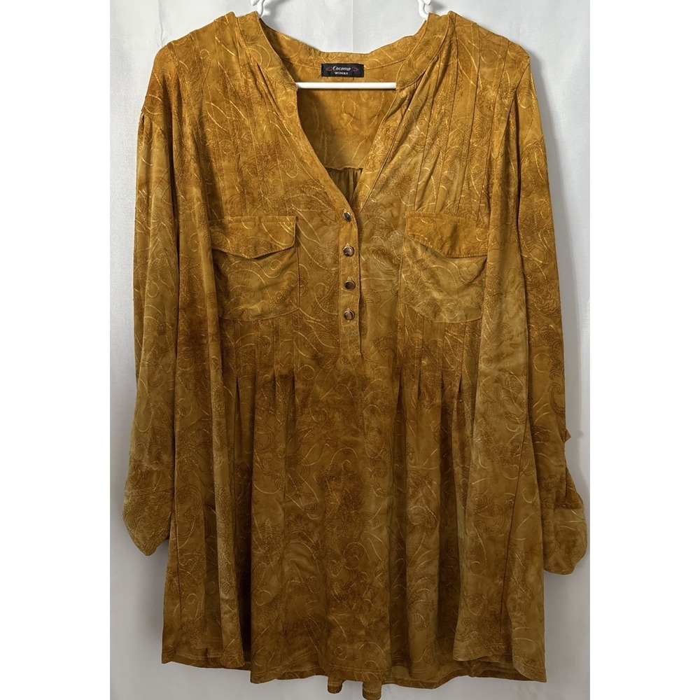 Cocomo Women's Camel Swirled Button Front Pintuck Pockets 3/4 Sleeve Blouse 2XL